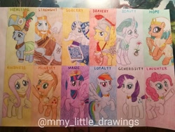 Size: 1080x810 | Tagged: safe, artist:mmy_little_drawings, derpibooru import, applejack, flash magnus, fluttershy, meadowbrook, mistmane, pinkie pie, rainbow dash, rarity, rockhoof, somnambula, star swirl the bearded, twilight sparkle, twilight sparkle (alicorn), alicorn, earth pony, pegasus, pony, unicorn, clothes, eyelashes, female, hat, helmet, horn, male, mane six, mare, mask, open mouth, pillars of equestria, raised hoof, raised leg, rearing, shovel, stallion, traditional art, watermark, wings