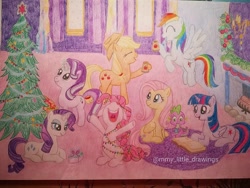 Size: 1080x810 | Tagged: safe, artist:mmy_little_drawings, derpibooru import, applejack, fluttershy, pinkie pie, rainbow dash, rarity, spike, starlight glimmer, twilight sparkle, twilight sparkle (alicorn), alicorn, earth pony, pegasus, pony, unicorn, book, christmas, christmas lights, christmas tree, eyes closed, female, fireplace, flying, holiday, hoof hold, horn, indoors, looking up, lying down, male, mane seven, mane six, open mouth, prone, reading, traditional art, tree, watermark