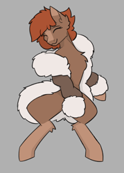 Size: 2500x3500 | Tagged: safe, artist:sneetymist, derpibooru import, oc, oc only, oc:soft coffee, earth pony, pony, clothes, female, fluffy, fur coat, jacket, lying down, mare, no tail, parka, partial nudity, simple background, socks (coat marking), solo, winter outfit