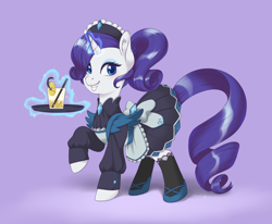 Size: 4250x3500 | Tagged: safe, artist:taytinabelle, derpibooru import, part of a set, rarity, pony, unicorn, alternate hairstyle, apron, blushing, bow, clothes, cute, cutie mark accessory, dress, drink, ear fluff, ears, female, food, gradient background, grin, hair bun, juice, lemon, lemonade, long sleeves, looking at you, magic, maid, maid headdress, maid outfit, mare, ponytail, purple background, raised hoof, raised leg, raribetes, shoes, simple background, smiling, smiling at you, socks, solo, straw