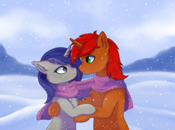 Size: 960x716 | Tagged: safe, artist:alune, derpibooru import, oc, oc only, oc:rayven, oc:teris, pony, unicorn, chest fluff, clothes, scarf, shared clothing, shared scarf, snow, snowfall, winter
