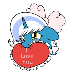 Size: 1024x1085 | Tagged: safe, artist:tubachic, derpibooru import, oc, oc:fleurbelle, alicorn, alicorn oc, bow, golden eyes, hair bow, heart, heart pillow, horn, i love you, mouth hold, pillow, simple background, transparent background, wingding eyes, wings