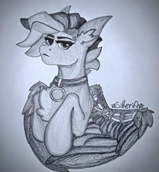 Size: 946x1024 | Tagged: safe, artist:na_stile_90x, derpibooru import, oc, oc only, pegasus, pony, collar, female, frown, looking at you, solo, solo female, spread wings, traditional art, unamused, wings