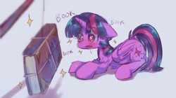 Size: 2257x1267 | Tagged: safe, artist:lexiedraw, derpibooru import, twilight sparkle, twilight sparkle (alicorn), twinkleshine, alicorn, book, bookhorse, cute, fishing rod, solo, starry eyes, that pony sure does love books, wingding eyes