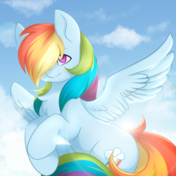 Size: 2500x2500 | Tagged: safe, artist:chickenbrony, derpibooru import, rainbow dash, pegasus, pony, backwards cutie mark, cloud, looking up, solo