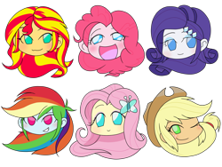 Size: 2224x1668 | Tagged: safe, artist:batipin, derpibooru import, applejack, fluttershy, pinkie pie, rainbow dash, rarity, sunset shimmer, equestria girls, blushing, humane five, one eye closed, simple background, transparent background, wink