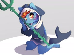 Size: 2757x2025 | Tagged: safe, alternate version, artist:luxaestas, derpibooru import, rainbow dash, anthro, pegasus, plantigrade anthro, clothes, gawr gura, hololive eng, hoodie, looking at you, shark hat, smiling, solo, trident