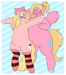 Size: 973x1104 | Tagged: safe, artist:greenarsonist, derpibooru import, oc, oc only, oc:giggle, oc:mille feuille, pegasus, pony, unicorn, :p, blushing, chubby, chubby cheeks, clothes, dance lesson, dancing, eyeshadow, fat, freckles, gift art, glasses, hair tie, hat, helping, horn, makeup, on hind legs, pegasus oc, spread wings, standing up, standing upright, stockings, thigh highs, tongue, tongue out, unicorn oc, unshorn fetlocks, wings
