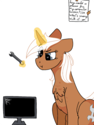 Size: 768x1024 | Tagged: safe, artist:valkiria, derpibooru import, silver spanner, pony, unicorn, :t, abuse, animated, chest fluff, computer, computer screen, cute, ears, female, floppy ears, frame by frame, gif, glowing horn, heart, heart eyes, horn, magic, mare, paper, percussive maintenance, simple background, sitting, solo, solo female, wingding eyes, wrench