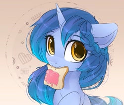 Size: 2271x1930 | Tagged: safe, artist:reterica, derpibooru import, oc, oc only, pony, unicorn, bread, cream, female, food, looking at you, mare, mouth hold, solo, toast