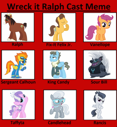 Size: 2651x2879 | Tagged: safe, artist:sirmlp1, derpibooru import, caramel, diamond tiara, grubber, rumble, scootaloo, silver spoon, spitfire, trouble shoes, wind rider, earth pony, pegasus, pony, my little pony: the movie, calhoun, candlehead, cast meme, fix-it felix jr., king candy, rancis fluggerbutter, sour bill, taffyta muttonfudge, vanellope von schweetz, wreck-it ralph