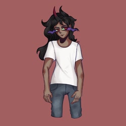 Size: 1680x1679 | Tagged: safe, artist:pukeprinceart, derpibooru import, king sombra, human, clothes, dark skin, horn, horned humanization, humanized, jeans, male, pants, red background, shirt, simple background, solo, sombra eyes, t-shirt