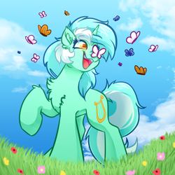 Size: 4000x4000 | Tagged: safe, artist:witchtaunter, derpibooru import, lyra heartstrings, butterfly, pony, unicorn, chest fluff, commission, cute, ear fluff, ears, flower, fluffy, happy, lyrabetes, meadow, raised hoof, raised leg, sky, smiling, solo