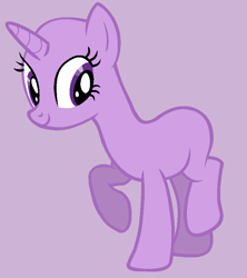 Size: 752x848 | Tagged: safe, artist:riakapepsipony, derpibooru import, oc, oc only, pony, unicorn, bald, eyelashes, female, horn, mare, purple background, raised hoof, raised leg, simple background, smiling, solo, unicorn oc