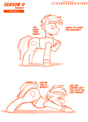 Size: 960x1326 | Tagged: safe, artist:jcosneverexisted, derpibooru import, quibble pants, pony, season 9 doodles, common ground, backbend, dialogue, male, offscreen character, stallion, sweat, text, tired