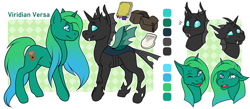 Size: 1828x800 | Tagged: safe, artist:carr, derpibooru import, oc, oc only, oc:viridian versa, changeling, pony, unicorn, changeling oc, green fur, green mane, reference sheet, shapeshifter