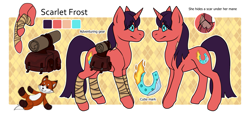 Size: 1667x757 | Tagged: safe, artist:carr, derpibooru import, oc, oc only, oc:scarlet frost, cutie mark, female, females only, mare, reference sheet