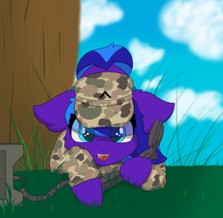 Size: 6000x5864 | Tagged: safe, alternate version, artist:skylarpalette, derpibooru import, oc, oc only, oc:flugel, pegasus, pony, clothes, cloud, cute, female, fluffy, grass, grass field, hat, looking at you, mare, military, military pony, military uniform, pegasus oc, radio, simple shading, tree, uniform