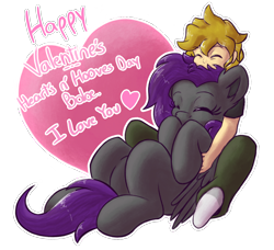 Size: 2802x2550 | Tagged: safe, derpibooru import, oc, oc only, oc:eis, oc:fritzy, human, hybrid, pegasus, pony, couple, cuddling, eyes closed, happy, heart, hearts and hooves day, holiday, simple background, sitting on person, transparent background, valentine's day