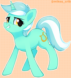 Size: 834x912 | Tagged: safe, artist:mikes_crib, artist:mikesartcrib, derpibooru import, lyra heartstrings, pony, unicorn, abstract background, female, grin, looking at you, mare, smiling, solo
