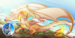 Size: 4176x2160 | Tagged: safe, artist:bearsafterbunnies, derpibooru import, star swirl the bearded, sunset shimmer, twilight sparkle, twilight sparkle (alicorn), alicorn, dragon, pony, alternative cutie mark placement, amused, cloud, dragoness, dragonified, female, forest, giant dragon, giantess, glowing horn, growth, horn, inset, large wings, lying down, macro, mega giant, mountain, signature, silly, species swap, sunset dragon, surprised face, wings