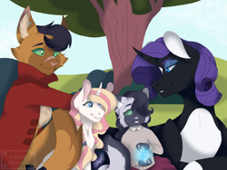 Size: 1280x963 | Tagged: safe, artist:softlunardreams, derpibooru import, capper dapperpaws, nightmare rarity, rarity, oc, oc:smokey quartz, oc:summer rose, hybrid, pony, unicorn, alternate design, capperity, family, female, half-siblings, interspecies offspring, magic, male, offspring, parent:capper dapperpaws, parent:prince blueblood, parent:rarity, parents:capperity, parents:rariblood, shipping, straight