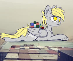 Size: 2909x2439 | Tagged: safe, artist:colourwave, derpibooru import, derpy hooves, pegasus, pony, blonde, blonde mane, blonde tail, container ship, derpy being derpy, ever given, ever given (container ship), evergreen marine corporation, female, giant pony, golden eyes, i just don't know what went wrong, irl, lying down, macro, mare, parody, photo, ponies in real life, ponified, prone, scrunchy face, ship, stuck, suez canal