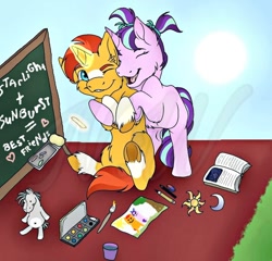 Size: 1126x1080 | Tagged: safe, artist:princesscheka, derpibooru import, starlight glimmer, sunburst, pony, unicorn, book, chalkboard, cute, daaaaaaaaaaaw, female, filly, male, plushie, shipping, starburst, straight, younger