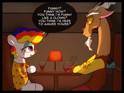 Size: 2944x2231 | Tagged: safe, artist:vultraz, discord, rarity, draconequus, pony, unicorn, /mlp/, clown, clown nose, clownity, comic, dialogue, discord is not amused, drawthread, duo, female, glass, goodfellas, klein bottle, male, mare, parody, rarity is not amused, speech bubble, table, this will end in tears, unamused, wine glass