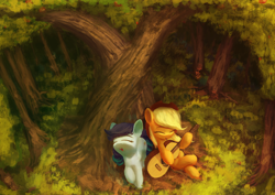 Size: 1680x1189 | Tagged: safe, artist:vultraz, applejack, coloratura, earth pony, pony, /mlp/, crossed hooves, cute, drawthread, duo, duo female, eyes closed, female, guitar, intertwined trees, jackabetes, lesbian, mare, musical instrument, open mouth, rara, rarabetes, rarajack, requested art, shipping, singing, smiling, tree