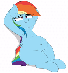 Size: 3264x3500 | Tagged: safe, artist:blitzyflair, rainbow dash, pegasus, pony, :t, arm behind head, belly button, chubby, female, lidded eyes, mare, missing cutie mark, plump, relaxing, sitting, smiling, solo, wide hips