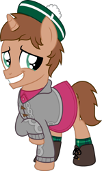 Size: 1596x2677 | Tagged: safe, artist:peternators, oc, oc:heroic armour, pony, unicorn, boots, clothes, colt, cosplay, costume, crossdressing, crossplay, dress, grin, hat, male, nervous, nervous grin, pokemon sword and shield, pokémon, shoes, simple background, smiling, socks, solo, teenager, trainer, transparent background