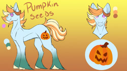 Size: 1024x576 | Tagged: safe, artist:gurepinku, derpibooru import, oc, oc only, oc:pumpkin seeds, earth pony, pony, female, gradient background, gradient hooves, mare, offspring, parent:big macintosh, parent:marble pie, parents:marblemac, reference sheet, solo, unshorn fetlocks