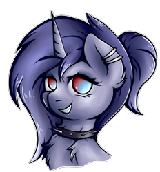 Size: 2329x2505 | Tagged: safe, artist:coco-drillo, derpibooru import, oc, oc only, oc:singularity, pony, unicorn, bust, chest fluff, choker, collar, ear fluff, ear piercing, earring, ears, evil grin, grin, jewelry, makeup, mascot, piercing, ponytail, simple background, smiling, solo, spiked choker, spiked collar, transparent background