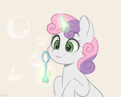 Size: 1050x840 | Tagged: safe, artist:higglytownhero, derpibooru import, sweetie belle, pony, unicorn, blowing bubbles, bubble, bubble wand, cute, diasweetes, female, filly, glowing horn, horn, levitation, magic, simple background, solo, telekinesis, white background