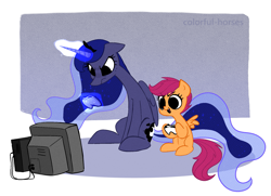 Size: 1991x1444 | Tagged: safe, artist:syrupyyy, derpibooru import, princess luna, scootaloo, alicorn, pegasus, pony, controller, cute, cutealoo, duo, female, filly, gamer luna, glowing horn, hoof hold, horn, levitation, luna is not amused, lunabetes, magic, mare, open mouth, sitting, telekinesis, television, unamused