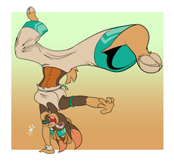 Size: 1967x1852 | Tagged: safe, artist:duragan, derpibooru import, shanty goat, anthro, goat, unguligrade anthro, them's fightin' herds, capoeira, clothes, community related, dancing, facial hair, female, goatee, handstand, hooves, hooves up, kick, kicking, midriff, pirate, pose, sports bra, upside down