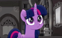 Size: 582x356 | Tagged: safe, derpibooru import, screencap, twilight sparkle, twilight sparkle (alicorn), alicorn, pony, rainbow roadtrip, animated, book, bookshelf, cropped, cute, eye shimmer, gif, library, smiling, solo, twiabetes, weapons-grade cute