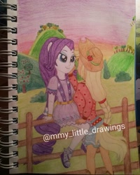 Size: 1080x1350 | Tagged: safe, artist:mmy_little_drawings, derpibooru import, applejack, rarity, equestria girls, legend of everfree, clothes, eyelashes, female, fence, hat, lesbian, outdoors, rarijack, shipping, sitting, skirt, traditional art, watermark