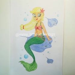 Size: 1049x1049 | Tagged: safe, artist:mmy_little_drawings, derpibooru import, applejack, manta ray, mermaid, equestria girls, :d, bikini, bikini top, bubble, clothes, eyelashes, female, freckles, open mouth, sitting, smiling, solo, species swap, starfish, swimsuit, traditional art, underwater, watermark