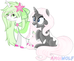 Size: 1548x1278 | Tagged: safe, artist:amgiwolf, derpibooru import, oc, oc only, pony, unicorn, clothes, colored hooves, dress, duo, eyelashes, female, grin, horn, mare, simple background, smiling, tired, transparent background, unicorn oc