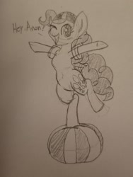 Size: 1960x2608 | Tagged: safe, artist:legendoflink, derpibooru import, pinkie pie, pony, balancing, beach ball, cute, diapinkes, floating wings, hat, one eye closed, open mouth, speech bubble, standing, standing on one leg, swimming cap, text, traditional art, wings, wink