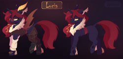 Size: 4996x2393 | Tagged: safe, artist:ignis, derpibooru import, oc, oc only, oc:lucia, changeling, hybrid, moth, mothling, original species, armor, clothes, commission, glasses, lidded eyes, pants, red changeling, solo, unamused