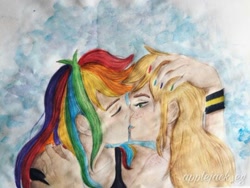 Size: 540x405 | Tagged: source needed, safe, artist:applejack_eg, derpibooru import, applejack, rainbow dash, human, appledash, female, hand on head, humanized, kissing, lesbian, shipping, sky