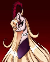 Size: 1080x1350 | Tagged: safe, alternate version, artist:tessa_key_, derpibooru import, pony, bedroom eyes, bust, clothes, colored, eyelashes, female, gradient background, hazbin hotel, horns, jewelry, lilith magne, lipstick, mare, necklace, pearl necklace, ponified, smiling, solo