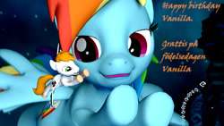 Size: 1280x720 | Tagged: safe, artist:johnnyxluna, derpibooru import, rainbow dash, oc, oc:vanilla beam, earth pony, pegasus, 3d, birthday, canon x oc, flying, looking at someone, macro, micro, smiling, source filmmaker, swedish