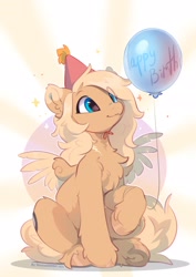 Size: 2480x3508 | Tagged: safe, artist:apple_nettle, derpibooru import, oc, oc only, oc:mirta whoowlms, pegasus, pony, balloon, birthday, chest fluff, confetti, female, happy birthday, hat, mare, not applejack, party hat, sitting, smiling, solo, spread wings, underhoof, wings