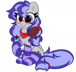 Size: 2048x1945 | Tagged: safe, artist:kittyrosie, derpibooru import, part of a set, oc, oc only, oc:cinnabyte, earth pony, pony, bandana, clothes, commission, female, glasses, headset, mare, simple background, sitting, smiling, socks, solo, striped socks, white background, ych result