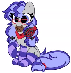 Size: 1999x2048 | Tagged: safe, alternate version, artist:kittyrosie, derpibooru import, part of a set, oc, oc only, oc:cinnabyte, earth pony, pony, bandana, chocolate chip cookie, clothes, commission, cookie, female, food, glasses, headset, mare, mouth hold, simple background, sitting, smiling, socks, solo, striped socks, white background, ych result