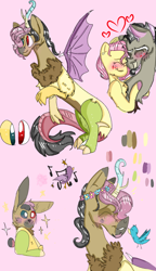 Size: 540x938 | Tagged: safe, artist:cocolove2176, derpibooru import, discord, fluttershy, oc, oc:disillusion, draconequus, hybrid, pegasus, baby, bust, discoshy, draconequus oc, eyelashes, eyes closed, female, heterochromia, horns, interspecies offspring, male, mare, music notes, offspring, open mouth, parent:discord, parent:fluttershy, parents:discoshy, pink background, shipping, simple background, smiling, straight, wings